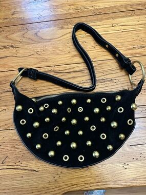 Brown faux Suede Crossbody with Gold Stud and Grommet Detail